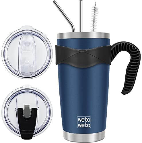 WETOWETO 20oz Tumbler with 2 lids and 2 Straws, Stainless Steel Vacuum Insulated Water Coffee Tumbler Cup with Handle, Double Wall Powder Coated Travel Mug Thermal Cup (Navy Blue, 1 Pack)
