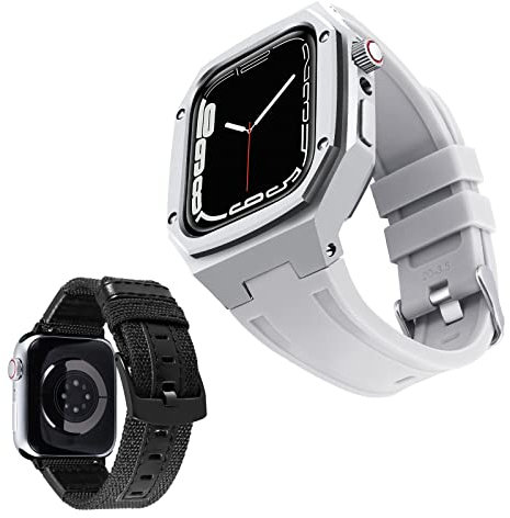BINLUN Bracelets Compatible avec Apple Watch 44mm 45mm 2 Pièces Bracelet de Montre en Silicone avec Boîtier en Métal Bracelet en Toile Compatible avec iWatch Serie 9/8/7/SE2/SE/6/5/4 (Blanc,Argent)