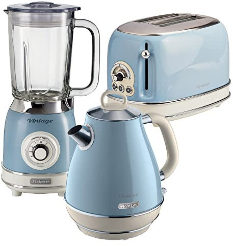 Ariete ARPK24 Retro Style Jug Kettle, 2 Slice Toaster & Jug Blender Set, Vintage Design, Blue