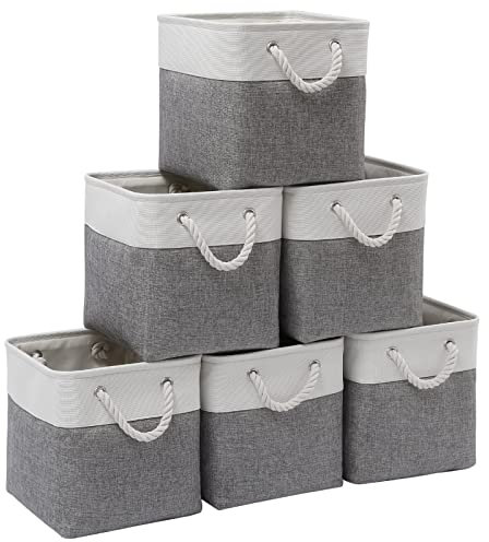 Contenedores de almacenamiento de cubos, cubos de almacenamiento plegables de tela, cubos de almacenamiento de 11 pulgadas con asas, cubos de almacenamiento plegables (blanco/gris, paquete de 6)
