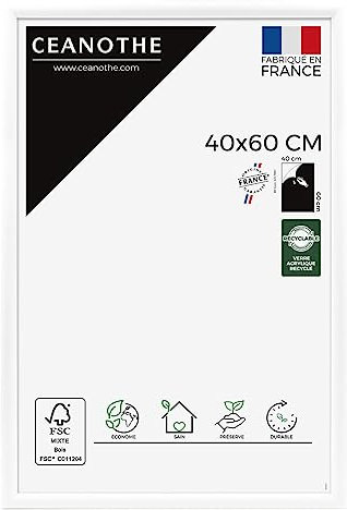 Ceanothe Cadre Photo 40x60 cm en Bois Blanc, Pour Exposition et Idéal pour Poster Photo Paysages et A3, Collection Essentiel Verre acrylique Incassable Fabriqué en France