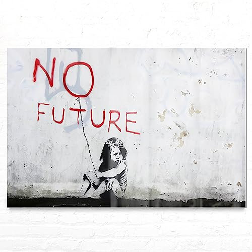 EIN imposantes Glas-Bild, Banksy Art 150x100cm groß dargestellt, Mit 8mm stärke setzt Sich das Acrylglasverbund-Bild, No Future durch die unsichtbare Befestigung schwebend von der Wand ab