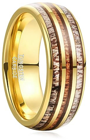 Vakki 8mm Wolfram Ring Herren Plattierter 14K Gold Ring ring koa holz mit deer antler für Ehering, Partnerringe, Geburtstag, Größe 60(19.1)