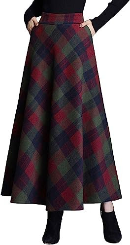 ebossy Damen Vintage Hohe Taille Wollmischung Plaid A-Linie Langer Maxirock mit Tasche, Grün, XX-Large