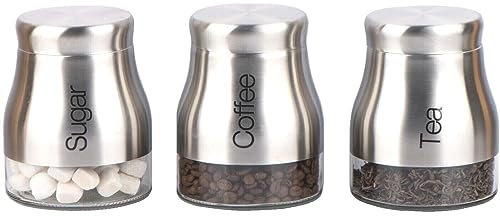 ARA CHOICE Set of 3 Silver Kitchen Storage Canisters Tea Coffee Sugar Jars Pots Containers Caddy Stylish Matt Glass with Screw Lid Jar Pots Food Containers Kitchen Storage Canister Set 700ml