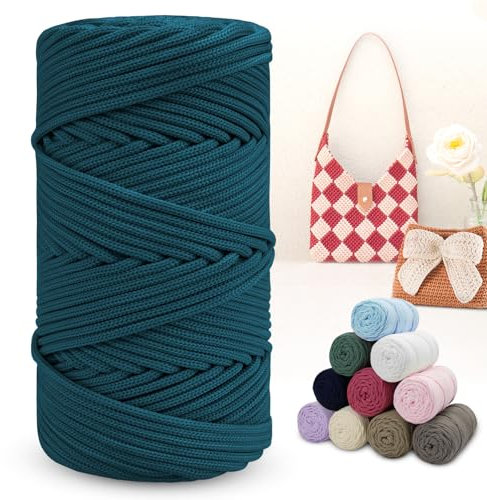 LEREATI Polyester Garn 150m Makramee Garn 4mm Geflochten Polyester-Seil Farbig Häkelgarn, Polyester Macrame Cord 4mm für Häkeltasche Umhängetasche Handtasche Geschenk Strickwaren (Denim-Blau)