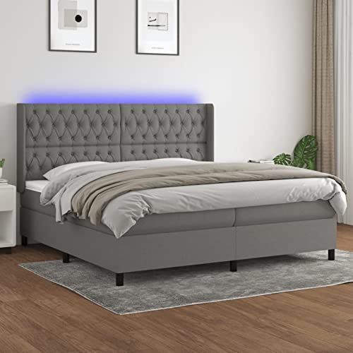 Homgoday Boxspringbett, Matratze und LED-Lichter, hellgrauer Stoff, 200 x 200 cm, gepolstert, Lattenrostschutz, Taschenfederschutz, anpassbar, wendbar, Stoff, Typ 5