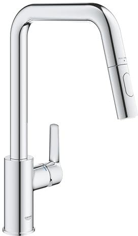 GROHE Start QuickFix – Pull-Out Dual Spray Kitchen Sink Mixer Tap (High U-Spout, 360° Swivel Area, 28mm Ceramic Cartridge, Tails 1/2 Inch), Easy to Fit with GROHE QuickMount, Chrome, 30633000