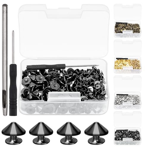 Swpeet 102Pcs Gun Black Cone Spikes and Studs Kit avec perforateur et tournevis, retour cuir Craft rapide Rivet vis, Spikes Bullet Cone Spikes vis pour cuir Craft