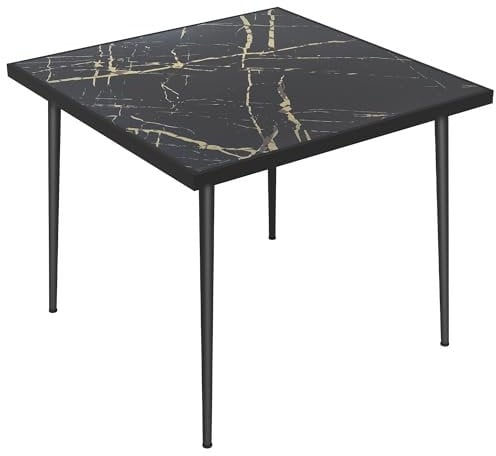 Outsunny Outdoor Dining Table for 4, Square Garden Table with Marble Effect Tempered Glass Top and Steel Frame for Balcony, Patio, 90cm x 90cm, Black