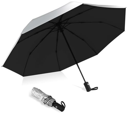 42/46 Inch UV Schirm Regenschirm Sturmfest Sonnenschirm Hand Automatik Umbrella Regenschirm Reise Winddichter Wasserdicht Mit 8 Rippen für Herren und Damen (Silber/Schwarz, 46inch)
