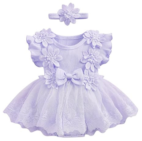 Odizli Robe d'été à manches courtes pour bébé fille avec fleurs en dentelle + bandeau, lilas, 6-12 mois