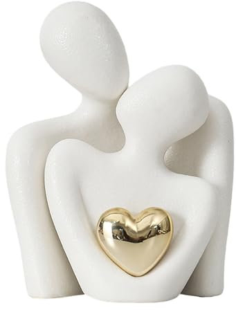 Wilitto Paar Figur mit Herz Dekor Umarmung Dekoration Keramikfigur Goldene Liebe Männer Frauen Umarmung Statue Skulptur Wohnzimmer Schlafzimmer Desktop Hochzeit Weiß M