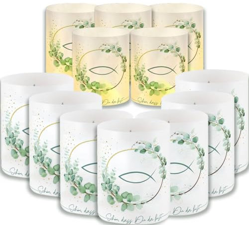 Emafymb 12 Pcs Windlicht Tischdeko Kommunion, Kommunion Deko Junge Mädchen, Erstkommunion Deko Eukalyptus Grün für Kommunion/Konfirmation/Taufe für Teelichter und Kerzen (C)