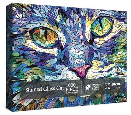 Stained Glass Puzzles Cat Puzzle 1000 Piece for Adults, Colorful Animal Puzzles 1000 Pieces Funny Kitty Jigsaw Puzzle, Cute Cats Puzzle as Decor