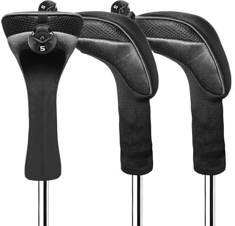 FINGER TEN Golf Club Head Covers Woods Hybrids Long Cover, Headcovers with Interchangeable No. Tags Fit All Hybrids Wood Clubs Light Durable (Dark-3 Pack Hybrid Covers)