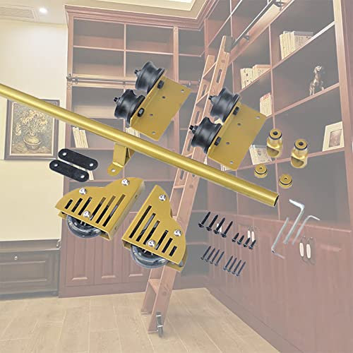 3,3-20 Fuß Rollleiter-Hardware-Kit für Bibliotheken, goldene Gleitleiterschienen, Mobile Leiterschiene aus rundem Stahlrohr mit Bodenrollenrad – ohne Leiter