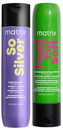Matrix Pflegeduo mit So Silver Shampoo für blondes und graues Haar zur Neutralisation von Gelbstichen und Food For Soft Conditioner mit Avocado-Öl und Hyaluronsäure für mehr Feuchtigkeit