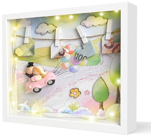 Ulikey Cornice portafoto 3D da riempire, con cornice illuminata, colore bianco, regalo di nozze, per coppia di sposi con mollette e motivi tridimensionali, per matrimonio, battesimo