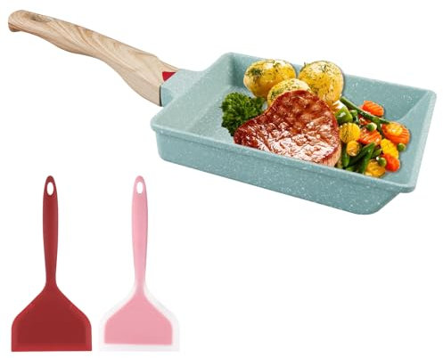 TOATELU Tamagoyaki - Sartén japonesa para tortilla con espátula de silicona y cepillo, antiadherente para tortillas japonesas, para todo tipo de fuegos, color verde, 16 x 20 cm