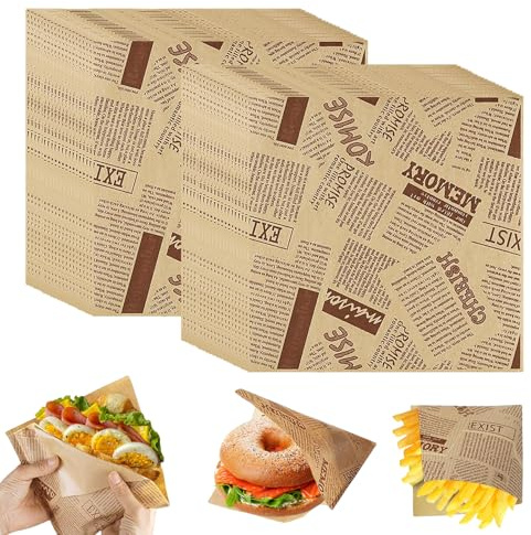 400 Stück Burger Papier, Burger Tüten, Burgerpapier Brotpapier Sandwich Tüten, Snacktüten Backpapier Zeitungsoptik, Wrap Papiertaschen für Sandwich Burger Pommes Frites Kuchen, 15x15 cm