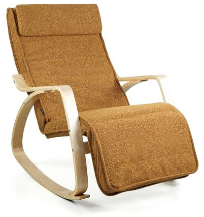 Brigros WeHome Swing Amor Fauteuil à Bascule avec accoudoirs en Bois, Rocking Chair, Fauteuil à Bascule avec Repose-Pieds réglable, Fauteuil Salon, Chaise de Chambre à Coucher (Bouclé, Ocre)