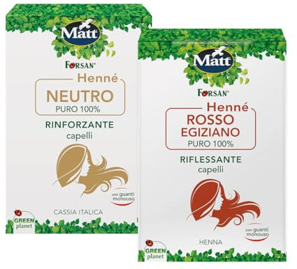 Matt, Hennè Rosso Egiziano ed Hennè Neutro, 100% Naturali, Ideali per Capelli più Forti e Lucenti, 4 Buste Monodose da 50 g Matt