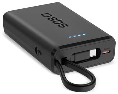 SBS Powerbank 10.000 mAh mit integriertem USB-C-Kabel, 20W, Powerbank mit Type-C In/Out-Anschluss und USB-A-Anschluss, universell für Samsung, iPhone 15, iPhone 16, Xiaomi, schwarz