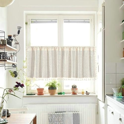 Beydodo Scheibengardine Bistrogardine Halbtransparent 45 cm Hoch, Vorhang Kurz Boho Häkeln mit Münzen Muster Küchengardine Fenster Beige 150x45CM, 1 Stück