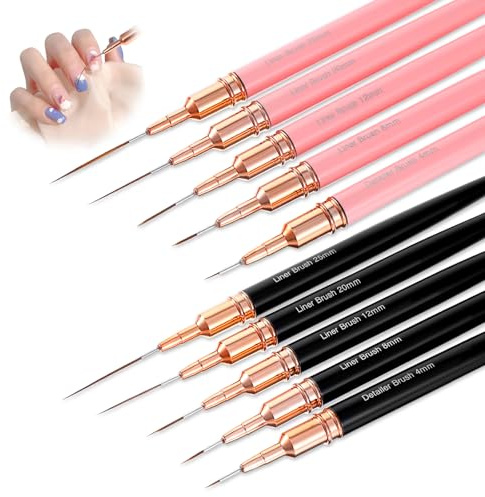 Yuanchu 10 Stück Dünn Nageldesign Pinsel,Nailart Liner Pinsel Set 5 Größen 4/8/12/20/25 mm Fineliner Nailart Pinsel Pinsel Für Gelnägel Detail Maniküre Pinsel für Gestreifte Linien Gel Malerei