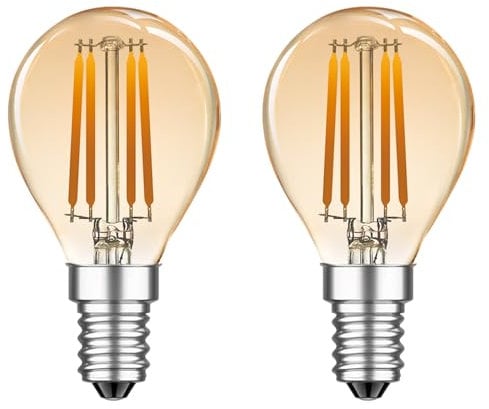 MZYOYO E14 LED Light Bulb,E14 4W Vintage Small Screw Light Bulbs,Small Golf Ball Edison Screw Bulb,2700K Warm White,SES G45 Lights Bulb,350 Lumens Replace 35 Watt,Non Dimmable,Amber,Pack of 2