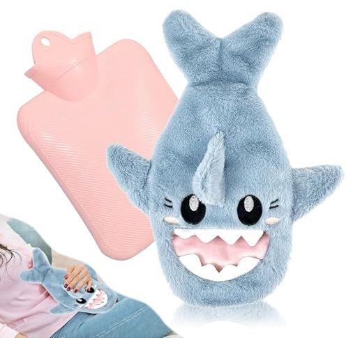 Hot Water Bottle with Fluffy Cover, 1L Children's Hot Water Bottle in Animal Bag with Shark, 2-in-1 Plush Animal, Comfortable, Safe, Leakproof and Durable, Warm in Winter Gift