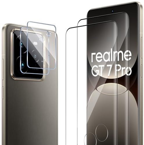 ELYCO Cristal Templado para Realme GT7 Pro/GT 7 Pro, 2 Piezas 3D Protector de Pantalla + 2 Piezas Protector de Lente Cámara, 9H Dureza Anti-Rasguños Protector Pantalla, Sin Burbujas HD Vidrio Templado