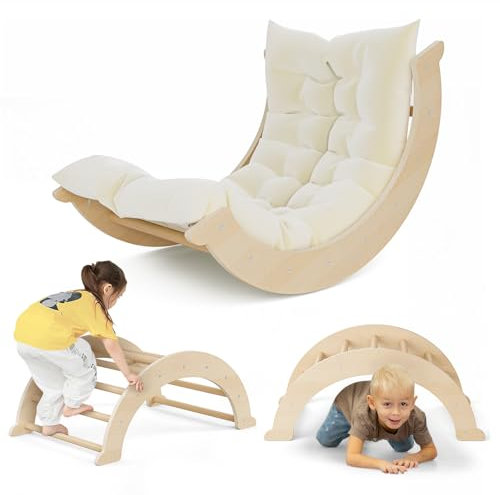Krovtoy Toddler Climbing Frame, 3 in 1 Kids Wooden Arch Climber Ladder with Cozy Cushion, Indoor Montessori Play Gym