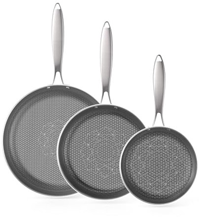 COOKER KING Set di 3 padelle atossiche (20 + 25 + 30 cm), padelle in acciaio inox a tre strati, set di padelle a induzione, padelle da chef, padelle lavabili in lavastoviglie e utilizzabili in forno