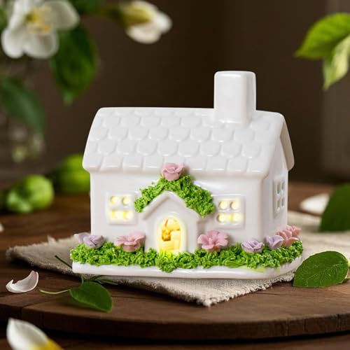 Frühlingsdeko Lichthaus, Frühling Osterdeko Lichterhäuser Keramik, Frühling Deko LED Blumen Häuser, Lichthaus Weiss mit Blumen Deko, Ostern Deko Lichthäuser Batteriebetriebene für Heimdekoration (A)