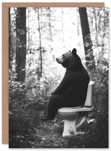 Artery8 Greeting Card Grizzly Bear Toilet Black White Forest Landscape Blank For Him Or Her Art Birthday Card
