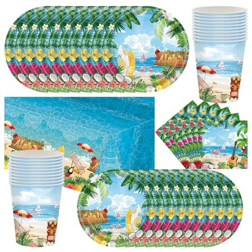 Vaisselle de fête hawaïenne, vaisselle de fête de piscine, vaisselle de fête avec assiettes, gobelets en carton, serviettes et serviettes pour une fête d'anniversaire pour 20 personnes