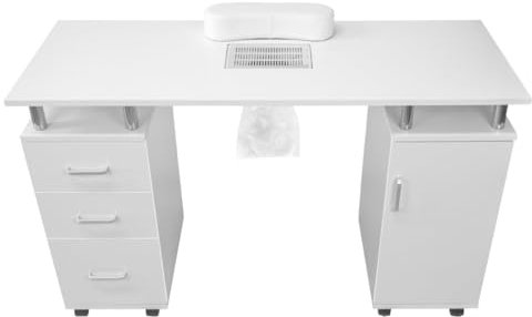 Maniküretisch Nageltisch Nagelstudio Tisch Studiotisch Manikürtisch 76cm H x 120cm L x 45cm B Weiß Nagelrekonstruktion Profi Salon mit Staubabsaugung Reichlich Stauraum Lenkrollen Abnehmbares Kissen