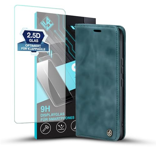 LBH Handyhülle für Sony Xperia 1 VII in Petrol Blau mit Displayglas Karten- und Geldfach Smartphone Hülle mit Standfunktion Flip Case Schutzhülle Magnetverschluss Vintage