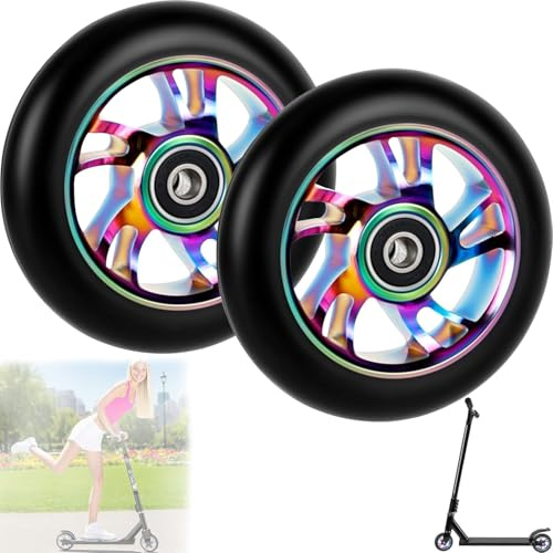 Abiemuce Stunt Scooter Rollen, 2 PCS Ersatzräder für Scooter, 100mm Roller Reifen mit ABEC, Aluminium Roller Reifen 88A, Favorit der Professionellen Skateboarder, Geeignet für Allerlei Scooters