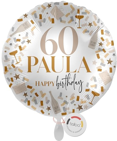 balloa Personalisierter Ballon mit Namen, Geschenk zum 60 Geburtstag Frau, runder Konfetti Folienballon Weiß Gold, Helium geeignet mit Wunschtext, Partydeko und Geburtstagsdeko, 33cm