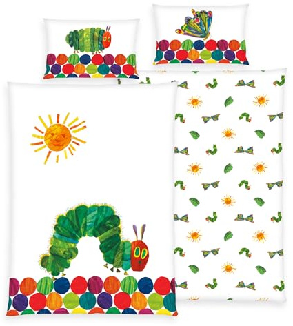 Wild South Shop Die kleine Raupe Nimmersatt Bettwäsche 40x60 + 100x135 cm, 100% Baumwolle mit Reißverschluss
