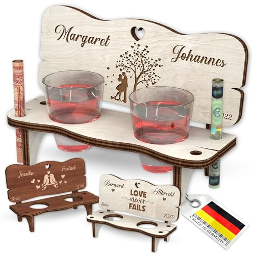 Customdo Personalisierte Holzbank mit Gravur – Hochzeitsgeschenk mit 2 Gläser & Geldfach - Viele Pärchen Liebe Designs - Geschenk zur Hochzeit Verlobung Valentinstag