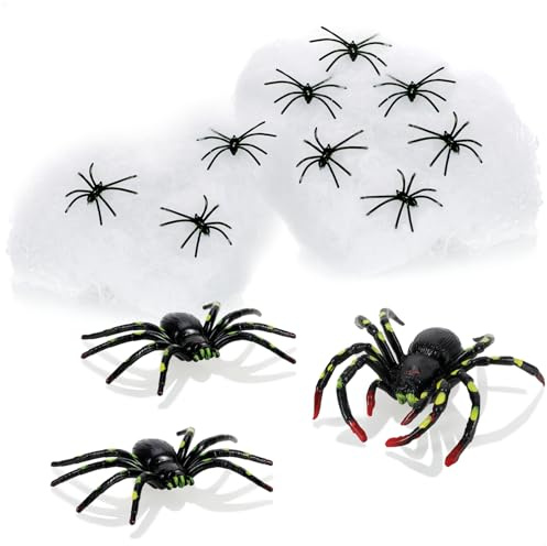 com-four® 14-teiliges Deko-Set für Halloween, dehnbares Spinnennetz mit 12 | künstliches weißes Spinnengewebe für Halloween - Fasching und Mottoparty