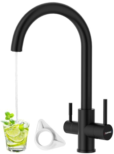 DAYONE 3 Way Kitchen Sink Mixer Tap, Matte Black SUS304 Stainless Steel 3 in 1 Taps for Kitchens Sink, 360 Swivel Pure Drinking Water Mixer, Dual Lever G1/2 Kitchen Faucet for Hot, Cold and Drinking