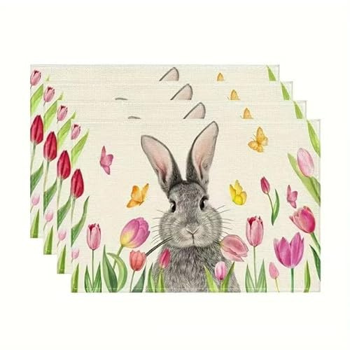 4 Stück Tischset Ostern Hase, Platzset Ostern Leinenoptik 30x45cm, Abwaschbare Osterdeko Tisch Küche, Hitzebeständige Matten als Ostergeschenke für Frauen & Esszimmer Deko Frühling