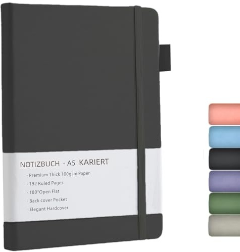 Notizbuch A5 Kariert, Notebook a5 mit Premium 100GSM Papier,192 Seiten | Journal Hardcover mit Innentasche, Elastisch Gebändert, Notizblock für Grafik, Planung, Lernen, 14,5x21,3 cm (Schwarz)