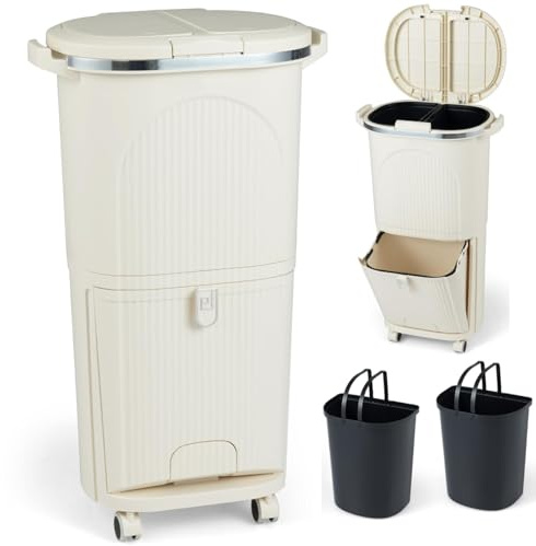 COSTWAY Recycling Bins, 38L/42L/43L Dry and Wet Separation Trash Can with 3 Compartments, Wheels, Stickers & Handle, Vertical Waste Separation System Pedal Garbage Can (Beige, 38L, 2 Lids)