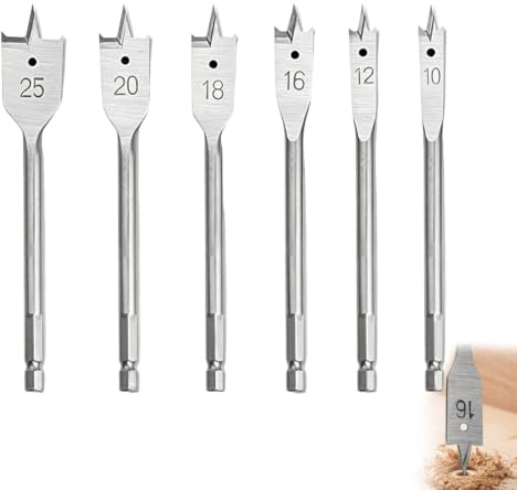 6PCS Wood Drill Bits Set, 10-25mm Bits Hex Shank Paddle Spade Drill Bit Set | Hex Shank for Firm Clamping, Pre-Point Tip Accurate Positioning, Chip Removal for Wood Boring and Woodworking Projects